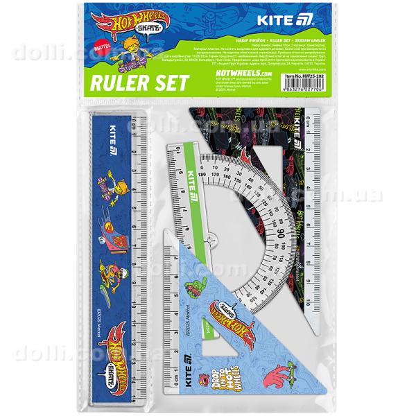 Набір: лінійка 15 см, 2 косинця, транспортир Kite Hot Wheels HW25-282